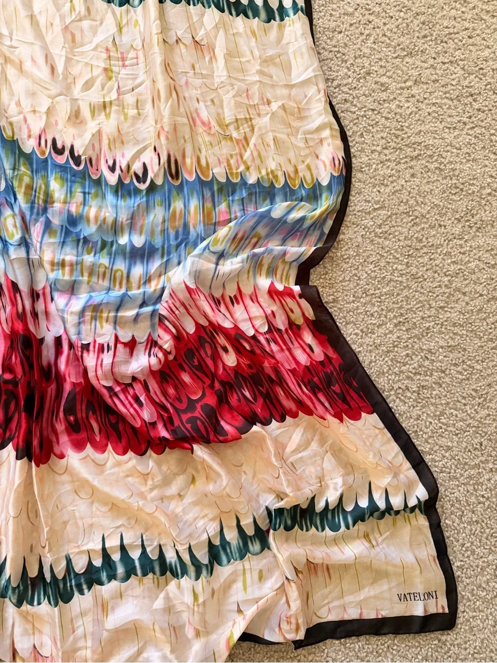 VATELONI Feather Print Silk Scarf in Red, Blue, Green, Cream